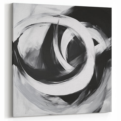 Large Abstract Wall Art – Bold Black and White Circular Motion Canvas