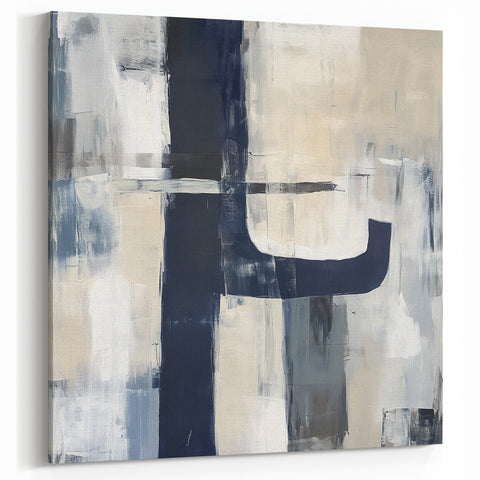 Large Abstract Wall Art – Bold Navy & Neutral Textured Brushwork
