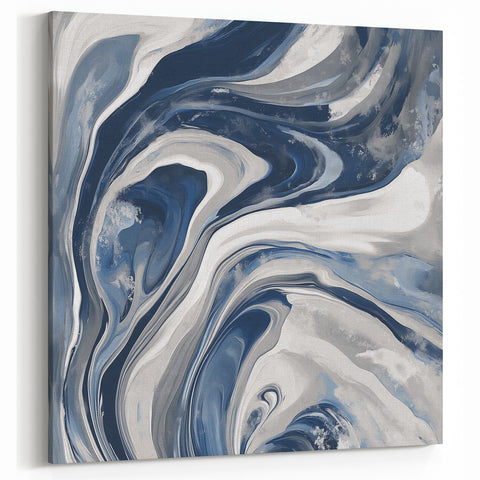 Contemporary Abstract Canvas – Fluid Navy, Gray, and Silver Artwork
