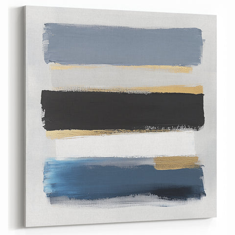 Geometric Abstract Wall Decor – Navy, Gold & Gray Brush Canvas Art