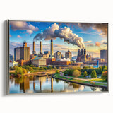 Landscape art painting featuring a vintage poster style with a colorful palette on black background.