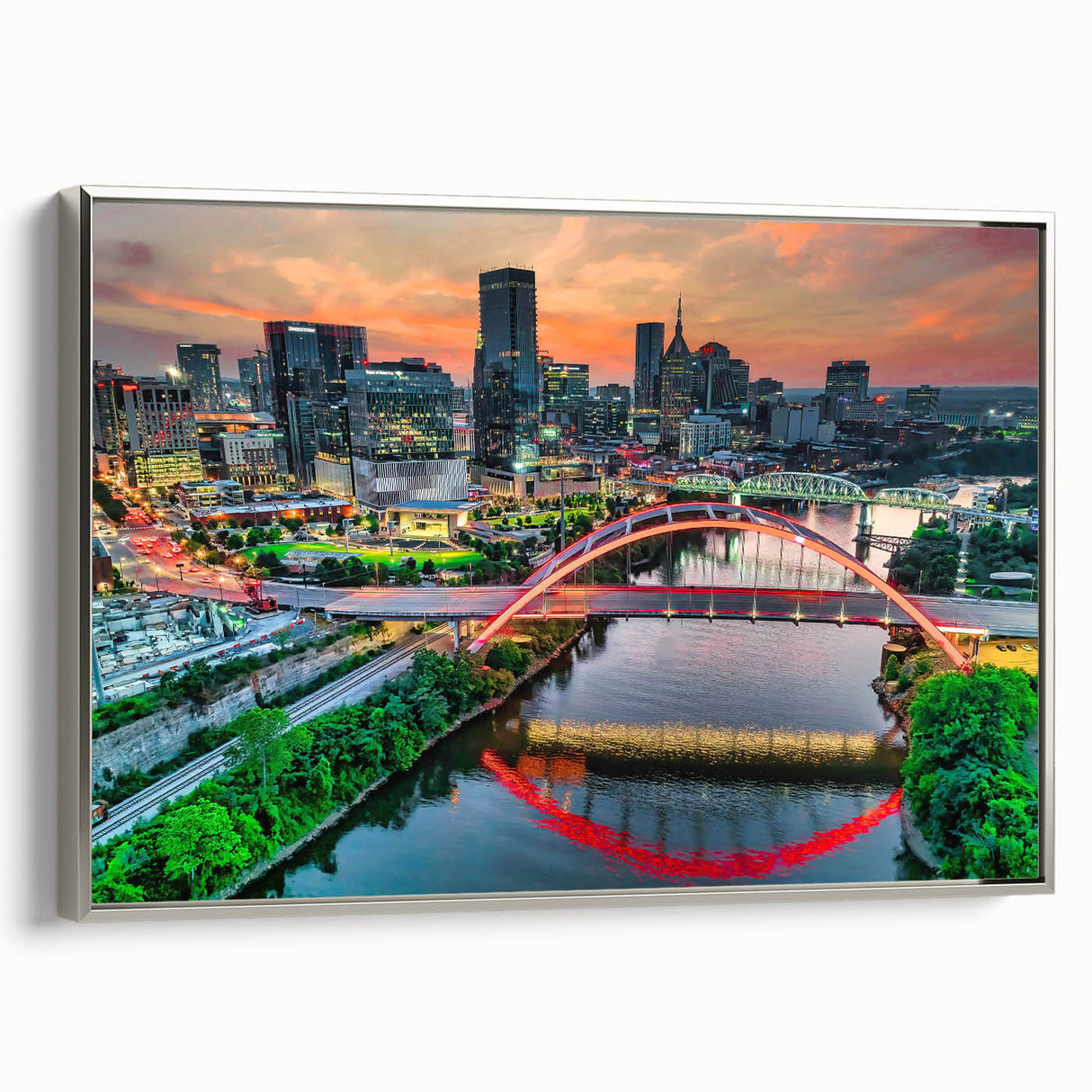 Landscape painting on canvas featuring a vintage poster style with black and colorful art elements.