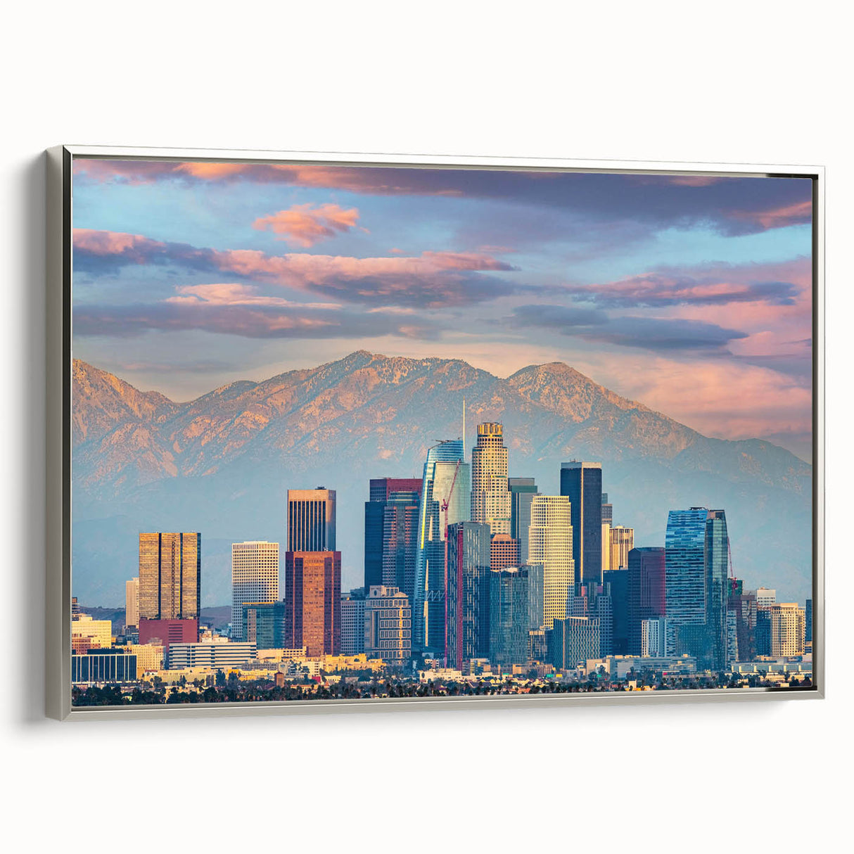 Landscape art painting featuring a vintage poster style with a black frame, colorful rural scene.