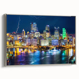 Landscape art painting depicting a vintage poster of a colorful mountain scene, printed on black wall art canvas.