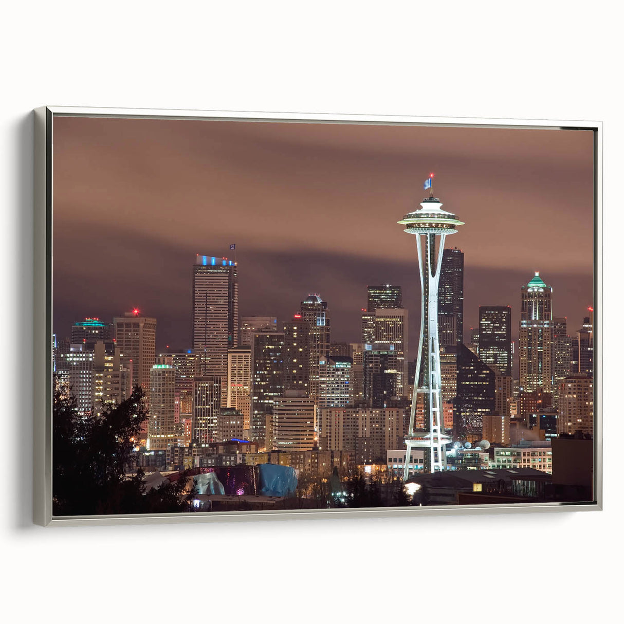 Landscape art painting featuring a vintage poster of colorful hills under a black sky on a framed canvas.