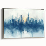 Landscape art painting featuring a vintage poster of a colorful, abstract cityscape on a black background.