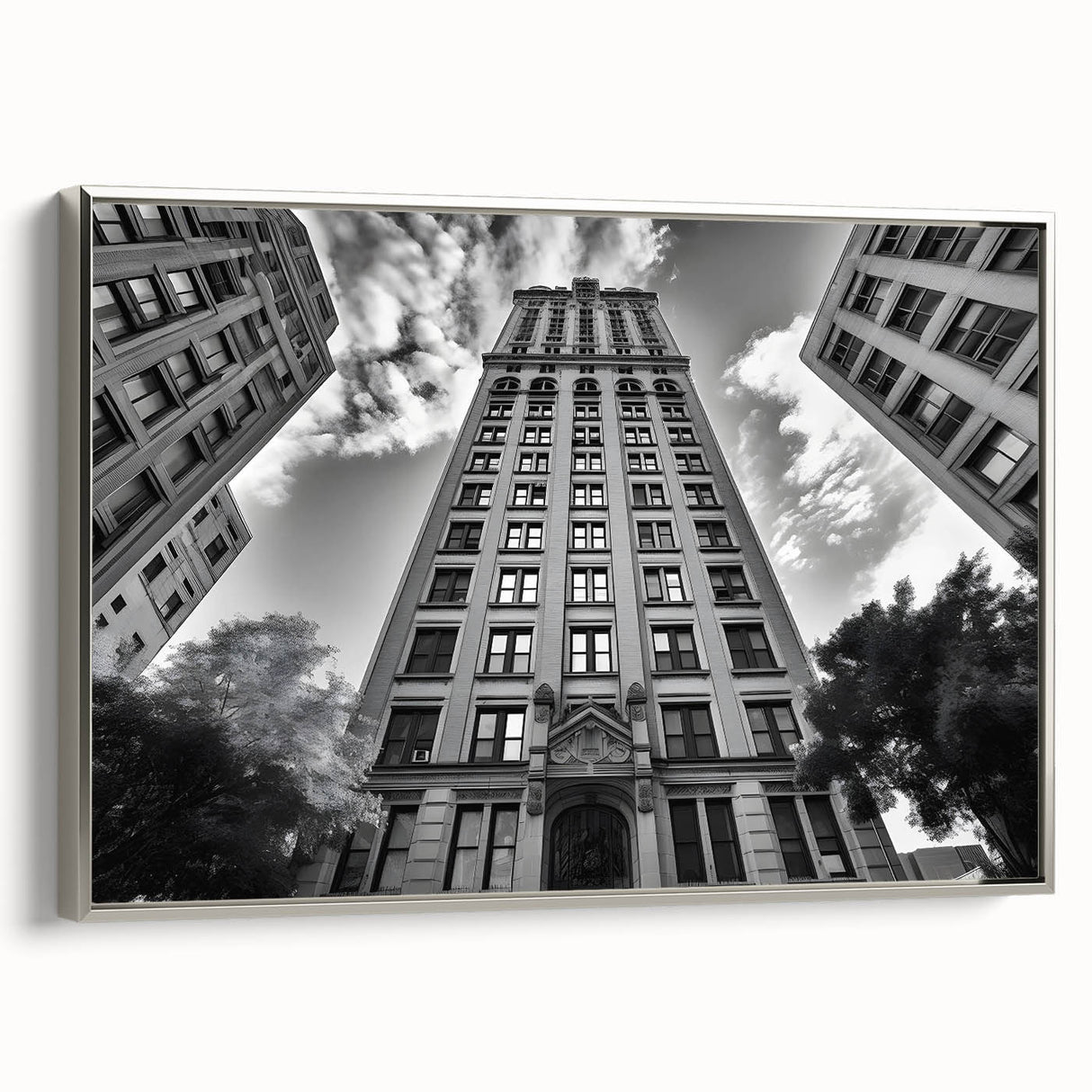 Landscape art painting depicting a vintage-style black wall art with colorful accents on a framed poster.