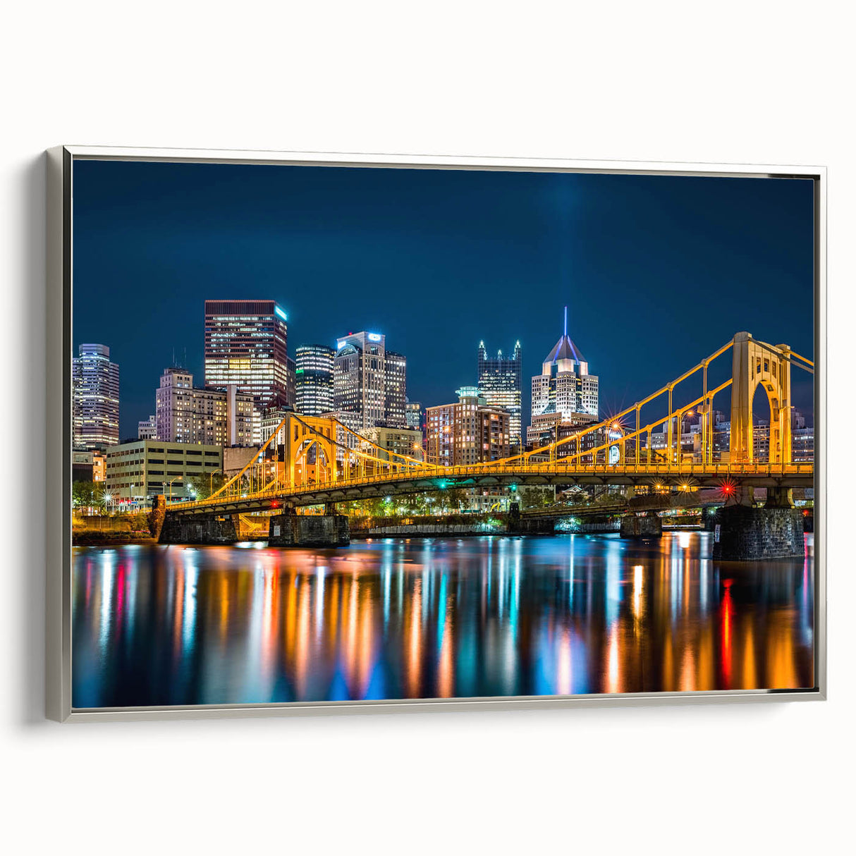 Landscape art painting featuring a vintage poster style with colorful abstract designs on black background.
