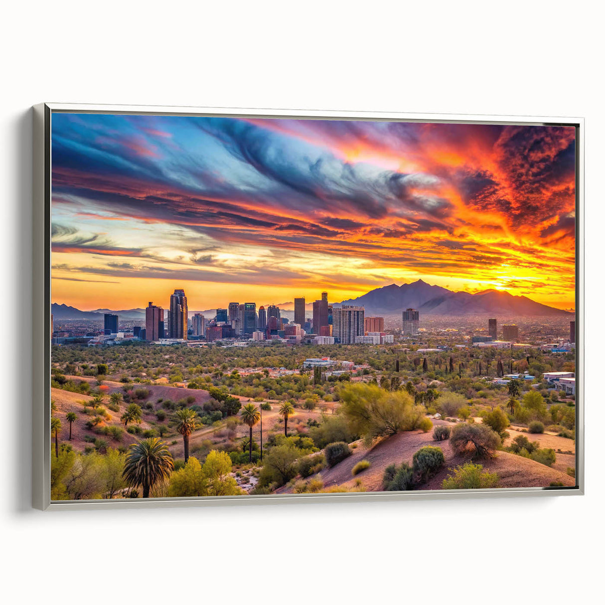Landscape art painting featuring a vintage poster style with a colorful palette on a black background.