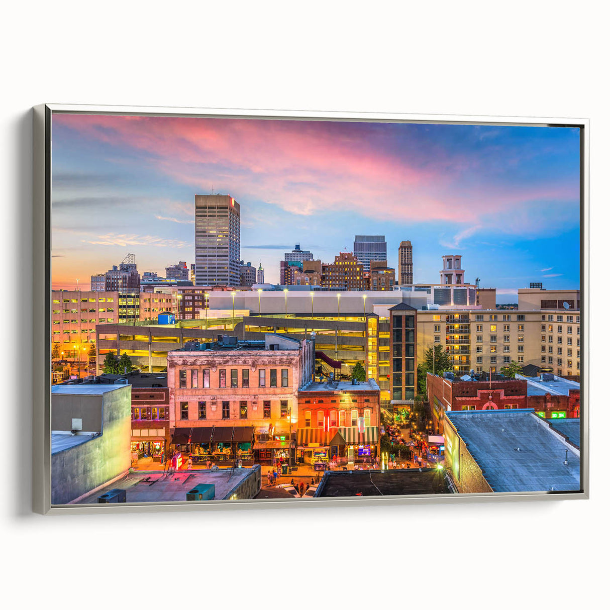 Landscape art painting on canvas featuring a vintage poster style scene with colorful accents against a black background.