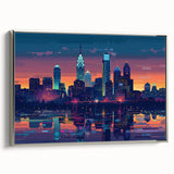 Landscape art painting featuring colorful rolling hills and a vivid sunset, printed on black vintage poster.