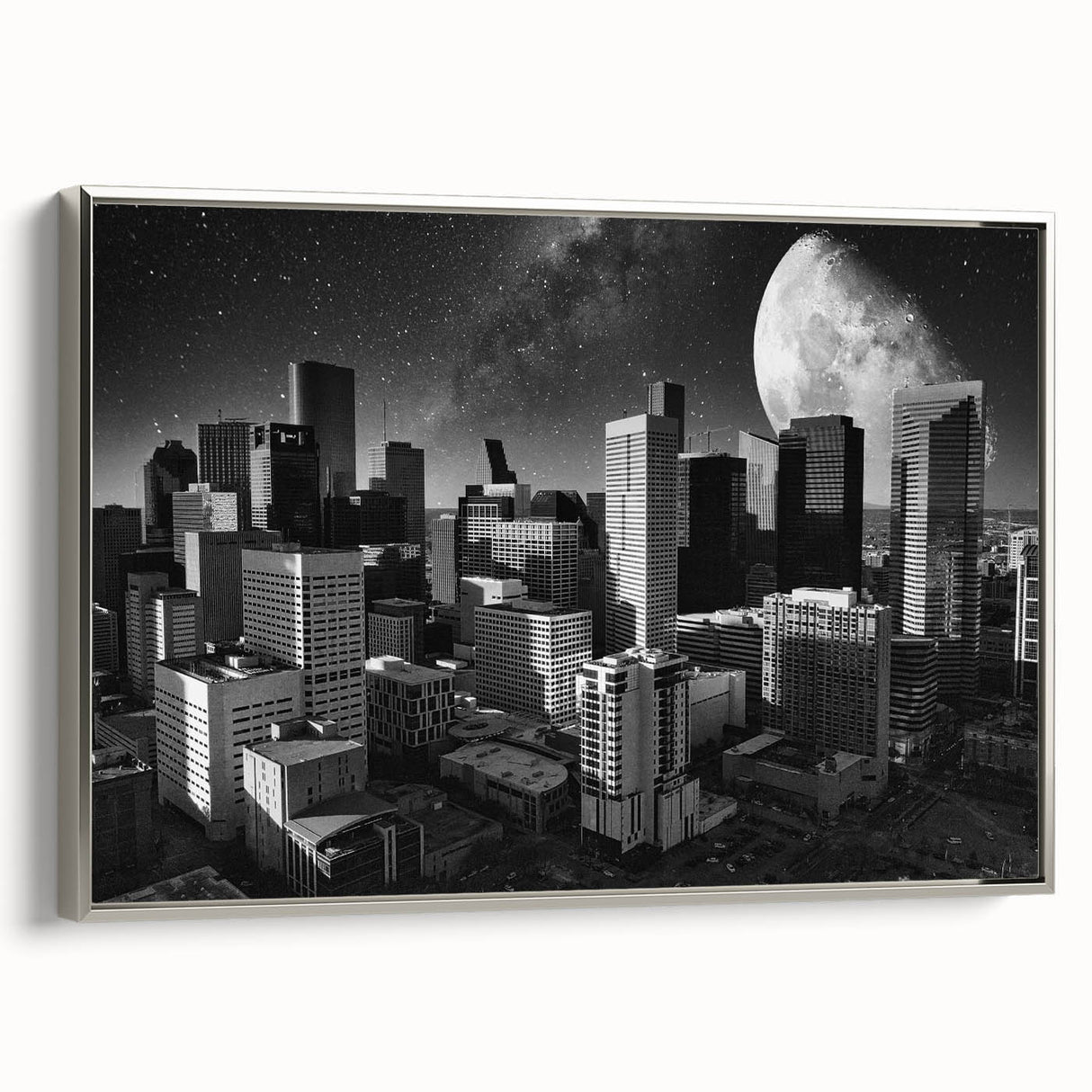 Landscape art painting featuring a vintage poster style with a black background and colorful floral motifs.