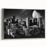 Landscape art painting featuring a vintage poster style with a black background and colorful floral motifs.