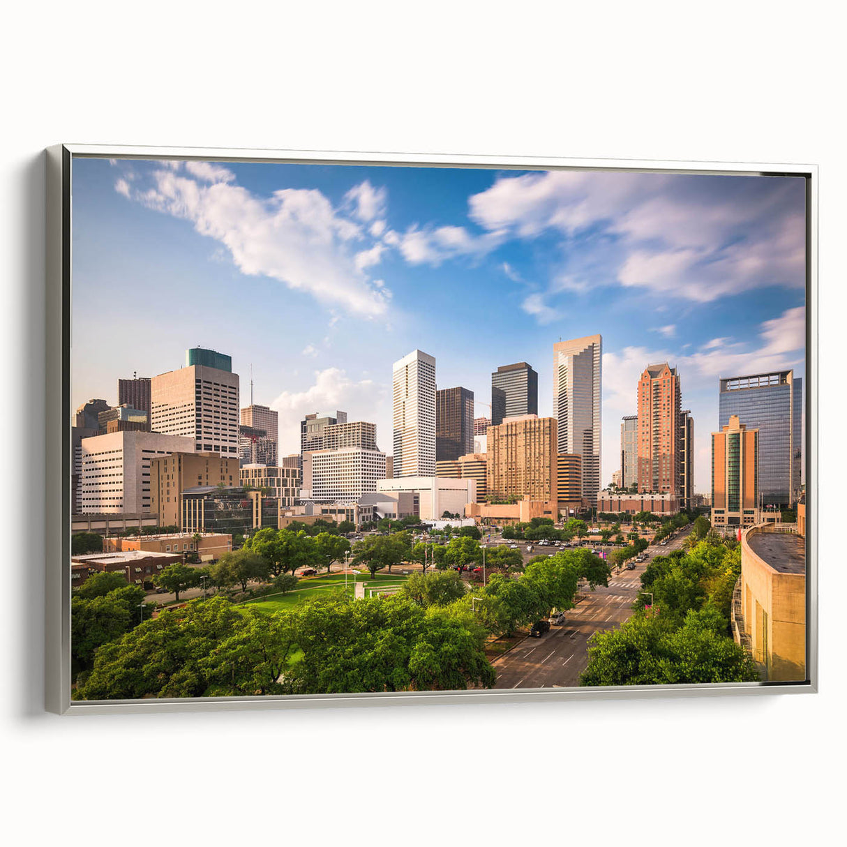 Landscape art painting featuring a vintage poster of a lush green forest under a colorful sky, printed on black canvas.