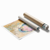 Rolled canvas print showcasing vibrant African tribal art, featuring intricate patterns and bold colors, securely packaged in a protective cardboard tube. Ideal for home decor enthusiasts seeking unique cultural artwork.