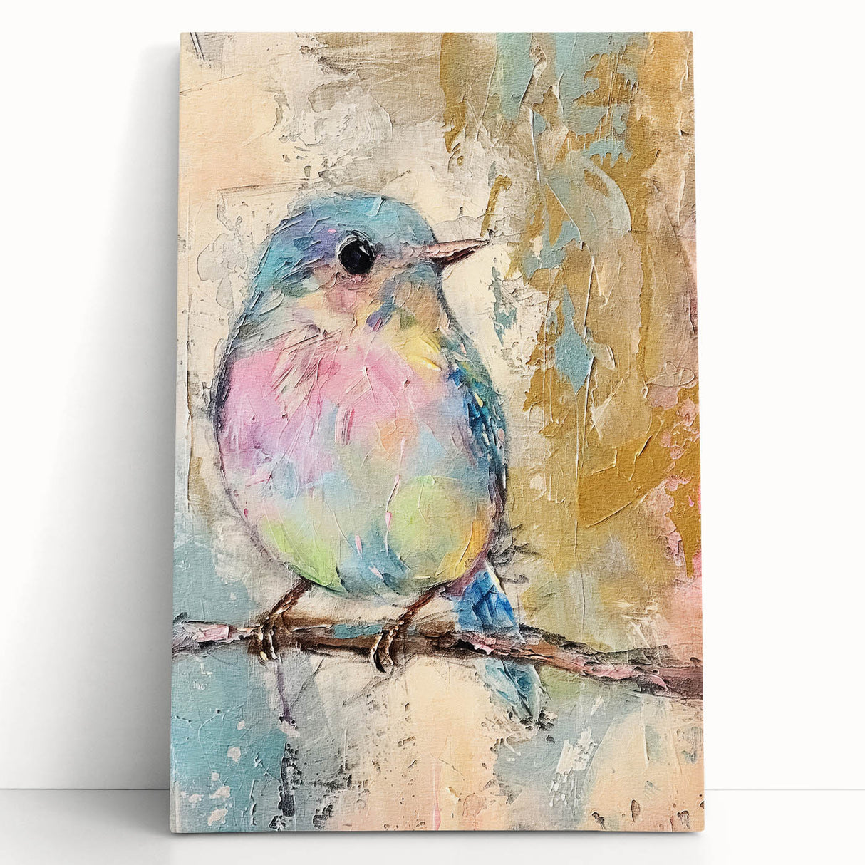 Stretched canvas artwork depicting a vibrant abstract landscape with rich colors, leaning against a textured wall, ideal for modern home decor.