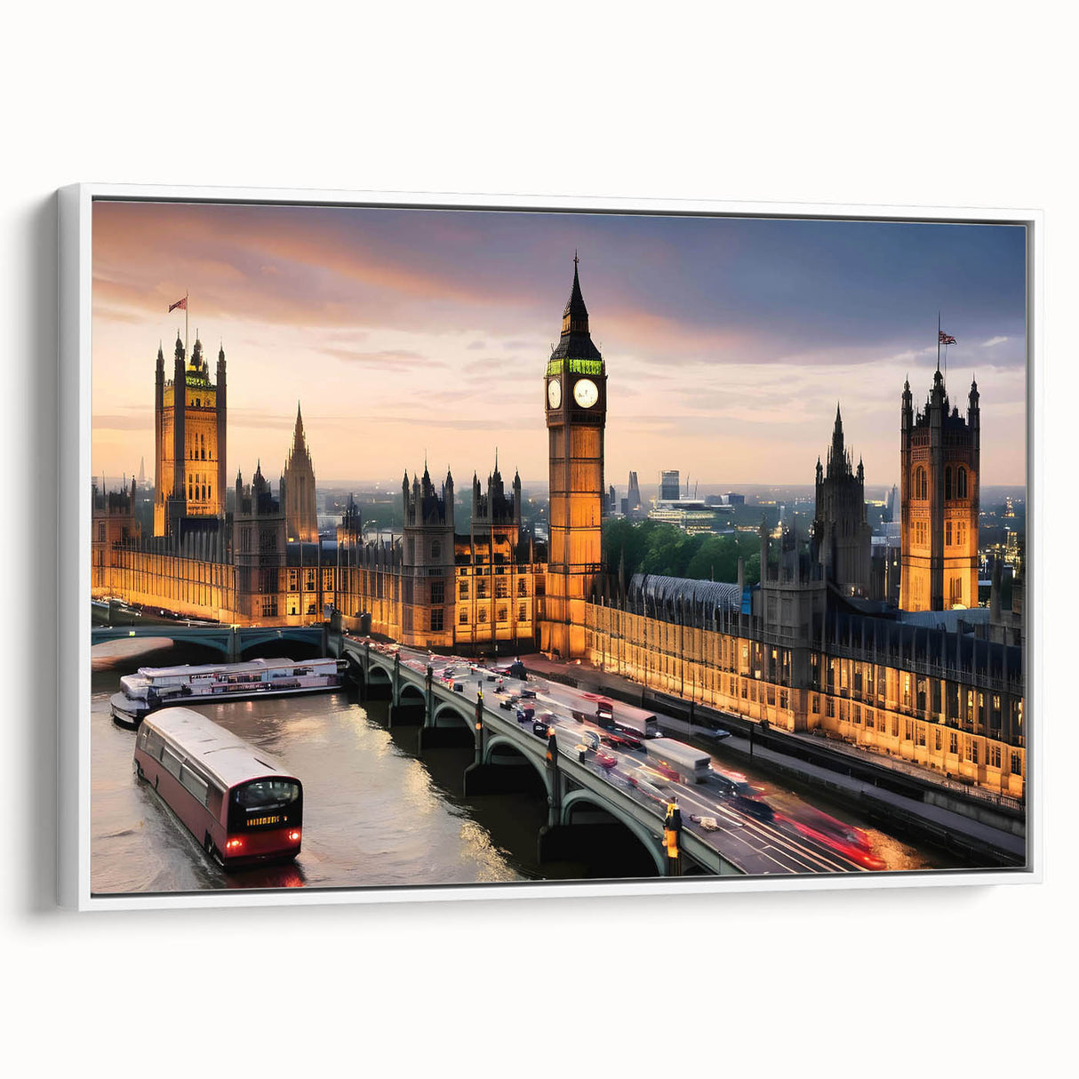 Vintage poster art depicting a colorful abstract cityscape on extra-large canvas, suited for living room decor.