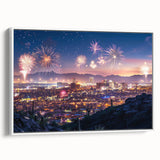 Vintage poster art featuring a colorful abstract design on a black background.