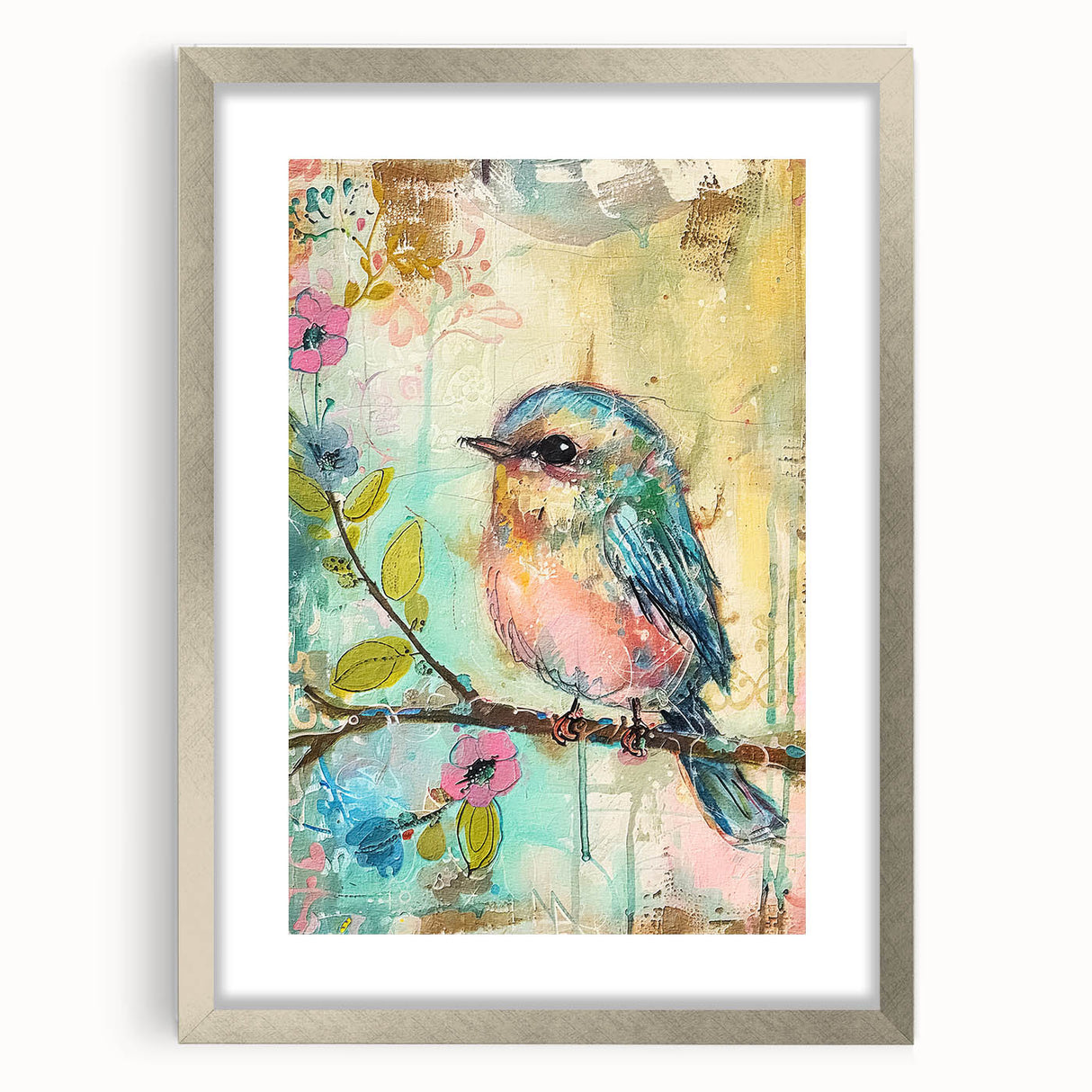 Elegant silver frame with matting, showcasing a modern art piece in a front view display, perfect for enhancing home decor and gallery walls. Ideal for art enthusiasts seeking stylish framing options.