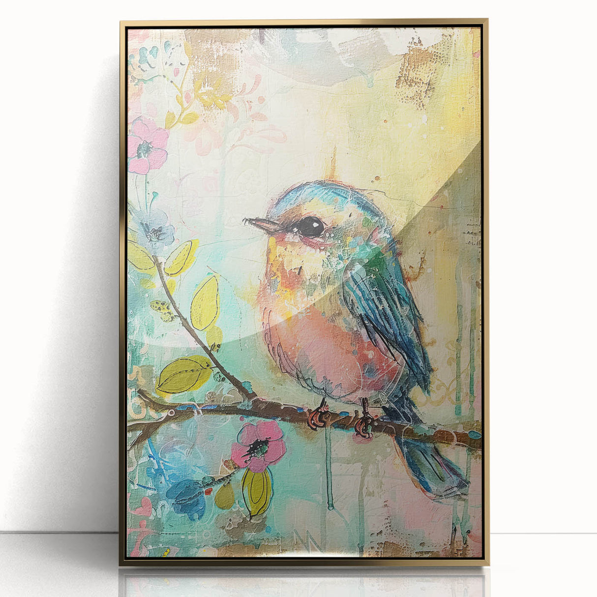 Framed acrylic artwork showcasing a stunning gold finish, elegantly displayed from the front view, perfect for enhancing modern home decor. Ideal for art enthusiasts and interior design lovers.
