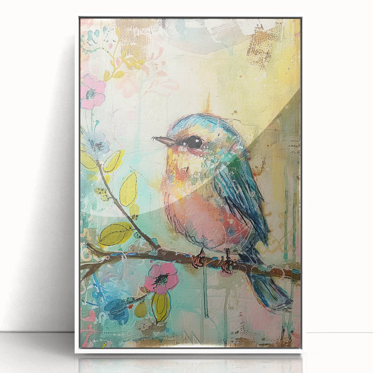Framed acrylic wall art showcasing a vibrant abstract design with a white border, perfect for modern home décor. Ideal for living rooms or office spaces.