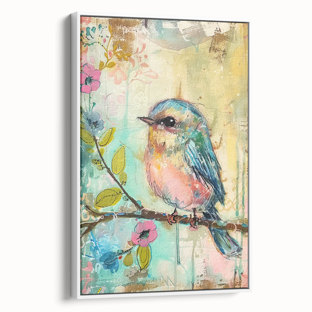 Framed canvas art displaying a serene landscape with vibrant colors, showcasing a white frame that enhances its modern aesthetic, perfect for home decor.