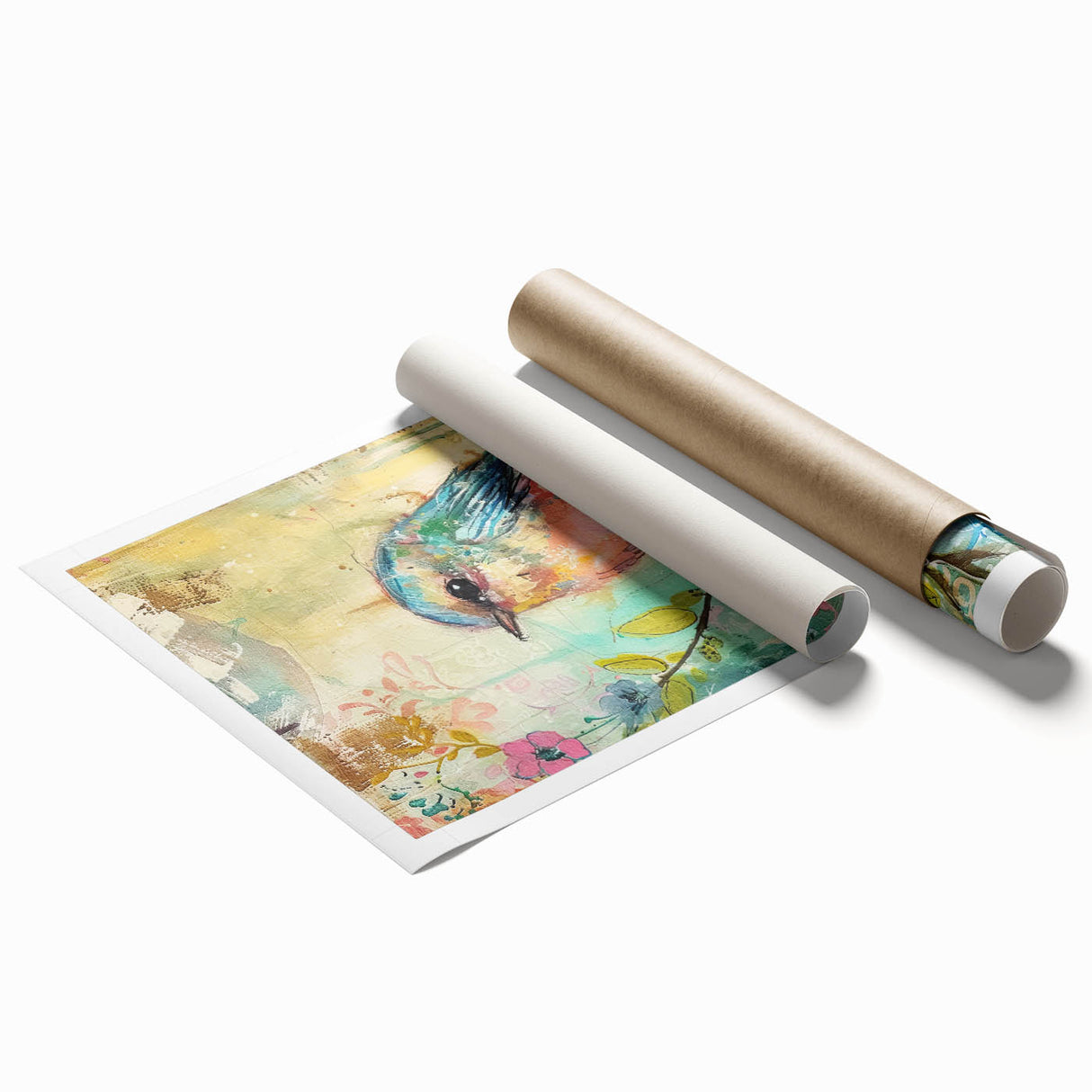 Rolled canvas print showcasing vibrant African tribal art featuring intricate patterns and earthy tones, securely packaged in a protective cardboard tube for safe shipping.