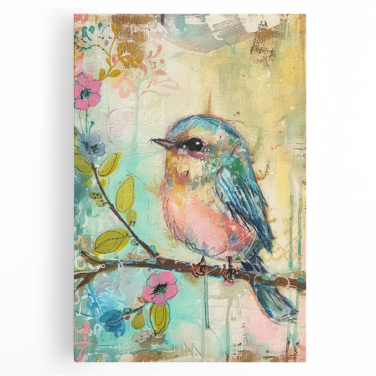 Stretched canvas wall art showcasing a vibrant abstract design in bold colors, perfect for modern home decor, displayed from a front view.