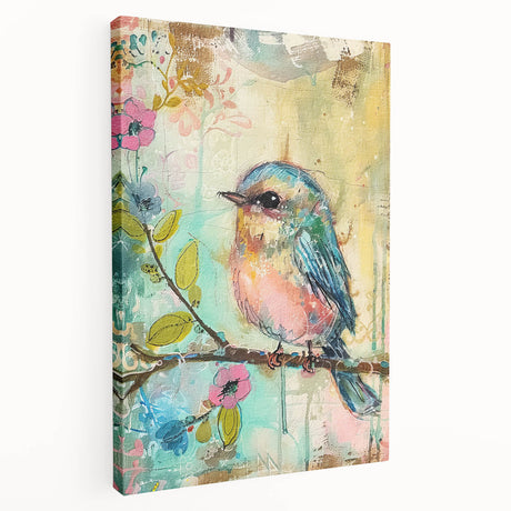 Stretched canvas artwork showcasing vibrant abstract design with bold colors, displayed in a side view to highlight the canvas's depth and texture. Perfect for modern decor.