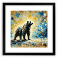 Full-body abstract oil painting of a bear standing on a mat, featuring vibrant colors and dynamic brushstrokes, showcased in a sleek black frame, ideal for modern decor.