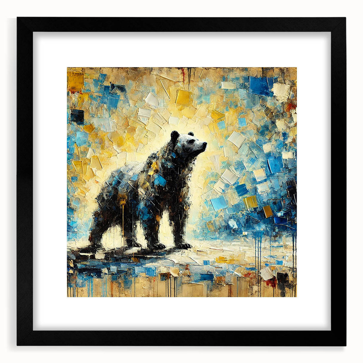 Full-body abstract oil painting of a bear standing on a mat, featuring vibrant colors and dynamic brushstrokes, showcased in a sleek black frame, ideal for modern decor.