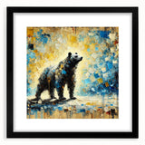 Full-body abstract oil painting of a bear standing on a mat, featuring vibrant colors and dynamic brushstrokes, showcased in a sleek black frame, ideal for modern decor.