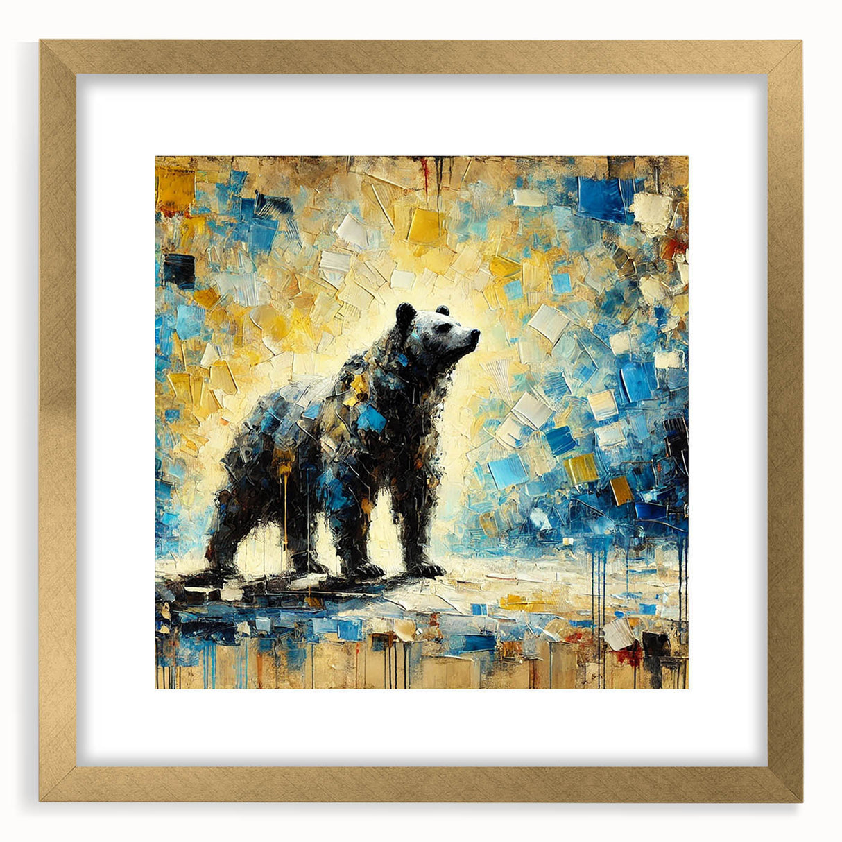 Full-body abstract oil painting of a bear in a gold frame, displaying vibrant brush strokes and intricate textures, ideal for adding a modern artistic touch to home decor.
