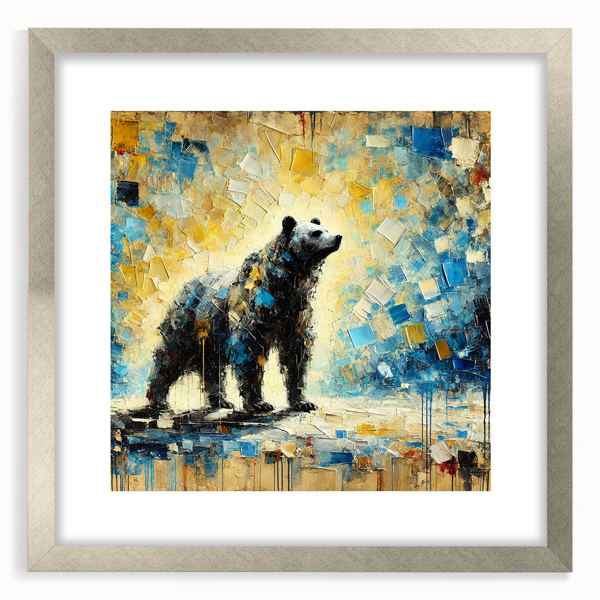 Full-body abstract oil painting of a bear standing in a silver frame with a mat, showcasing vibrant colors and bold brushstrokes, ideal for modern art decor.