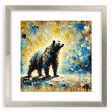Full-body abstract oil painting of a bear standing in a silver frame with a mat, showcasing vibrant colors and bold brushstrokes, ideal for modern art decor.