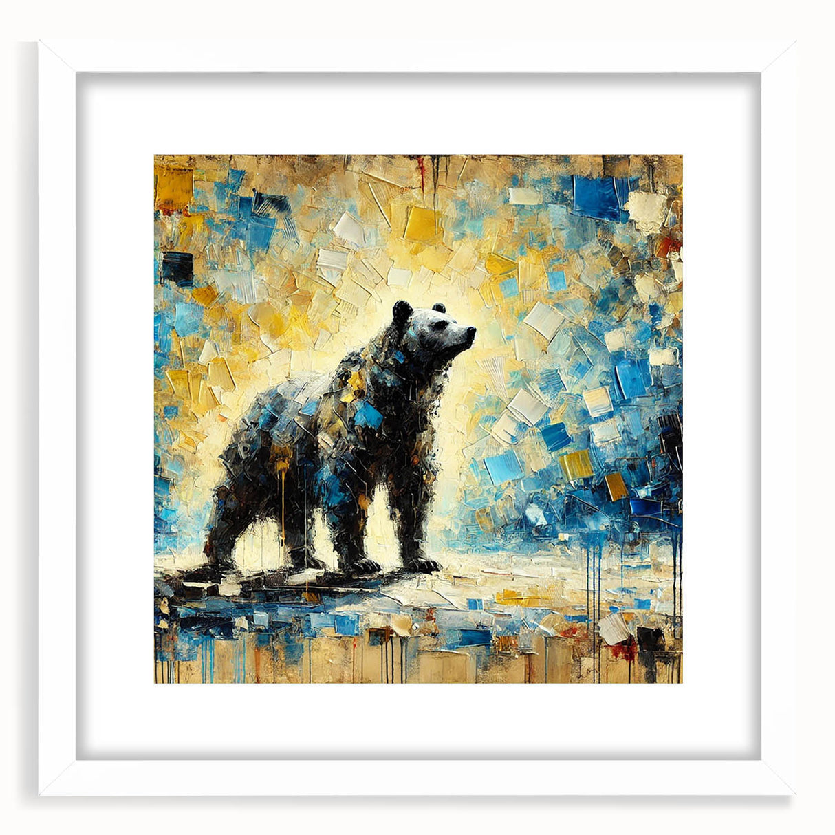 Full-body abstract oil painting of a bear standing in a white frame with a mat, showcasing vibrant colors and bold brush strokes, ideal for modern decor.