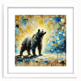 Full-body abstract oil painting of a bear standing in a white frame with a mat, showcasing vibrant colors and bold brush strokes, ideal for modern decor.