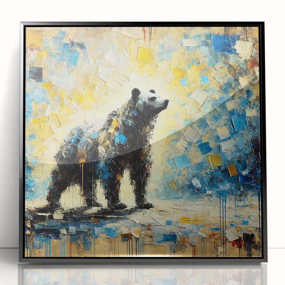 Full-body abstract oil painting of a standing bear in a black frame, showcasing vibrant colors and intricate brushwork, perfect for modern home decor.