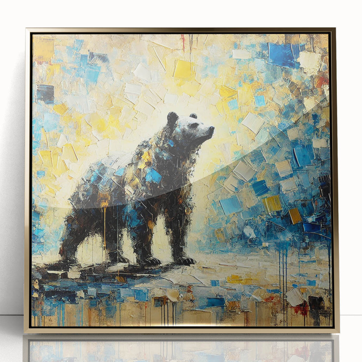 Full-body abstract oil painting of a bear standing, framed in gold acrylic, showcasing vibrant colors and dynamic brush strokes, ideal for modern decor.