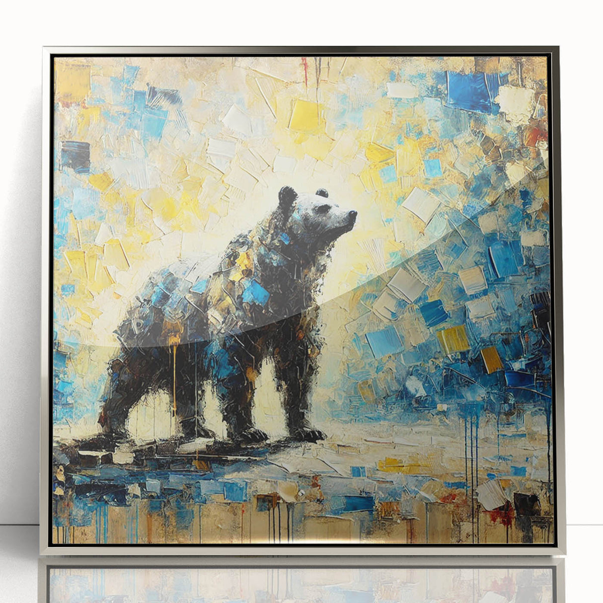 Full-body abstract oil painting of a bear standing, framed in silver acrylic, showcasing vibrant colors and dynamic brush strokes, ideal for modern art enthusiasts.