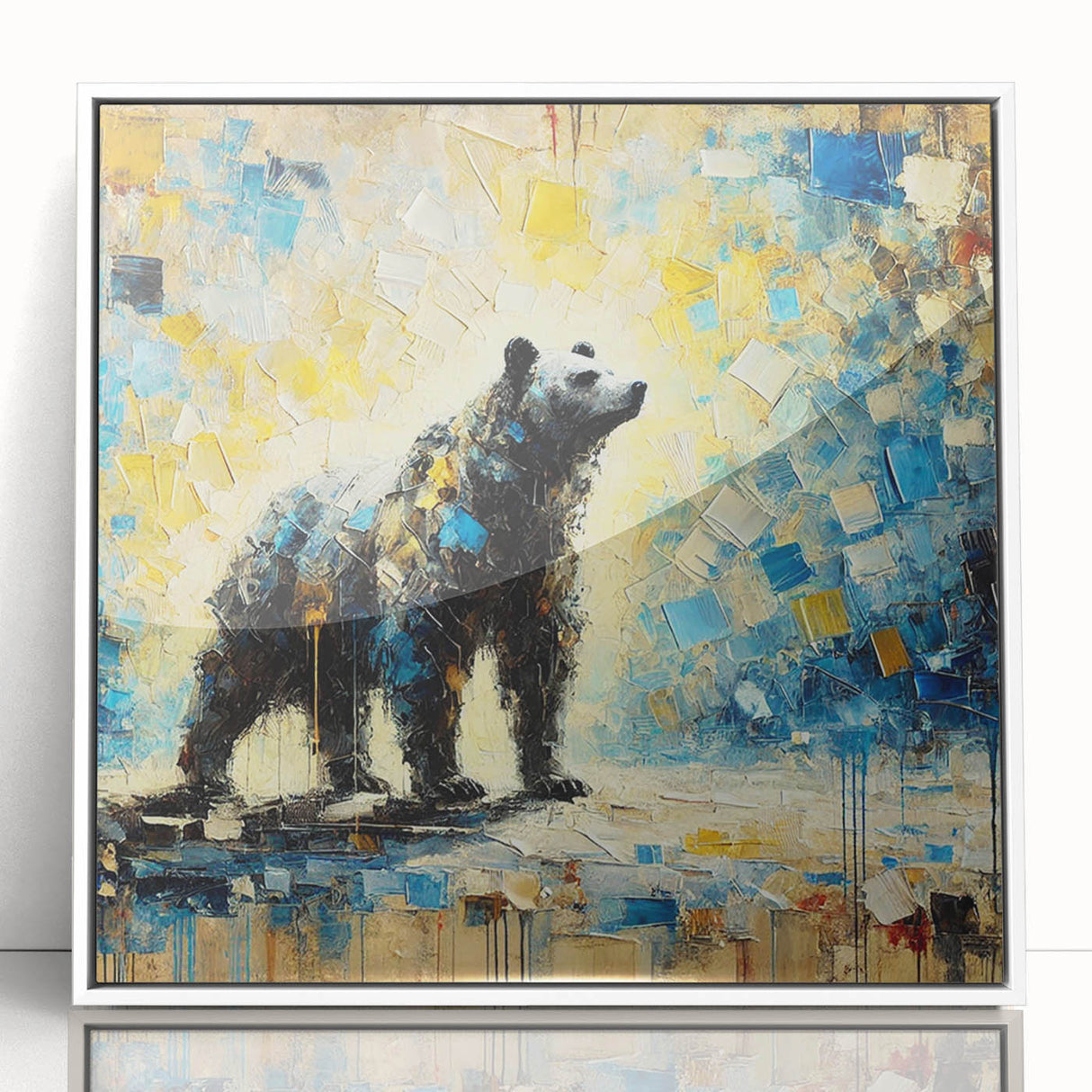 Full-body abstract oil painting of a standing bear, framed in white acrylic, showcasing vibrant colors and dynamic brushstrokes, perfect for modern decor.