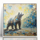 Full-body abstract oil painting of a standing bear, framed in white acrylic, showcasing vibrant colors and dynamic brushstrokes, perfect for modern decor.