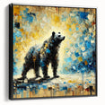 Full-body abstract oil painting of a bear in a black frame, showcasing vibrant colors and dynamic brushstrokes, perfect for modern home decor.