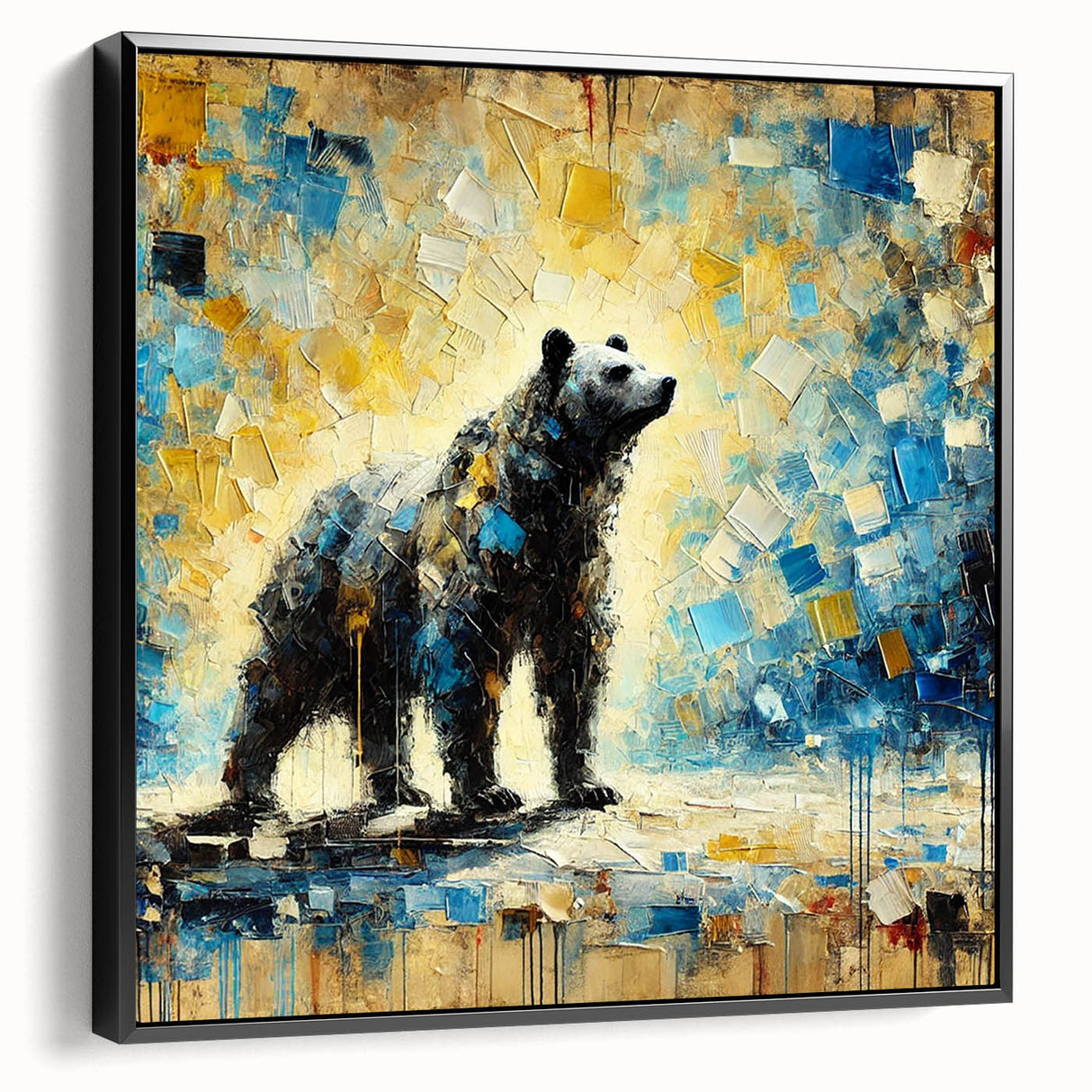 Full-body abstract oil painting of a bear in a black frame, showcasing vibrant colors and dynamic brushstrokes, perfect for modern home decor.