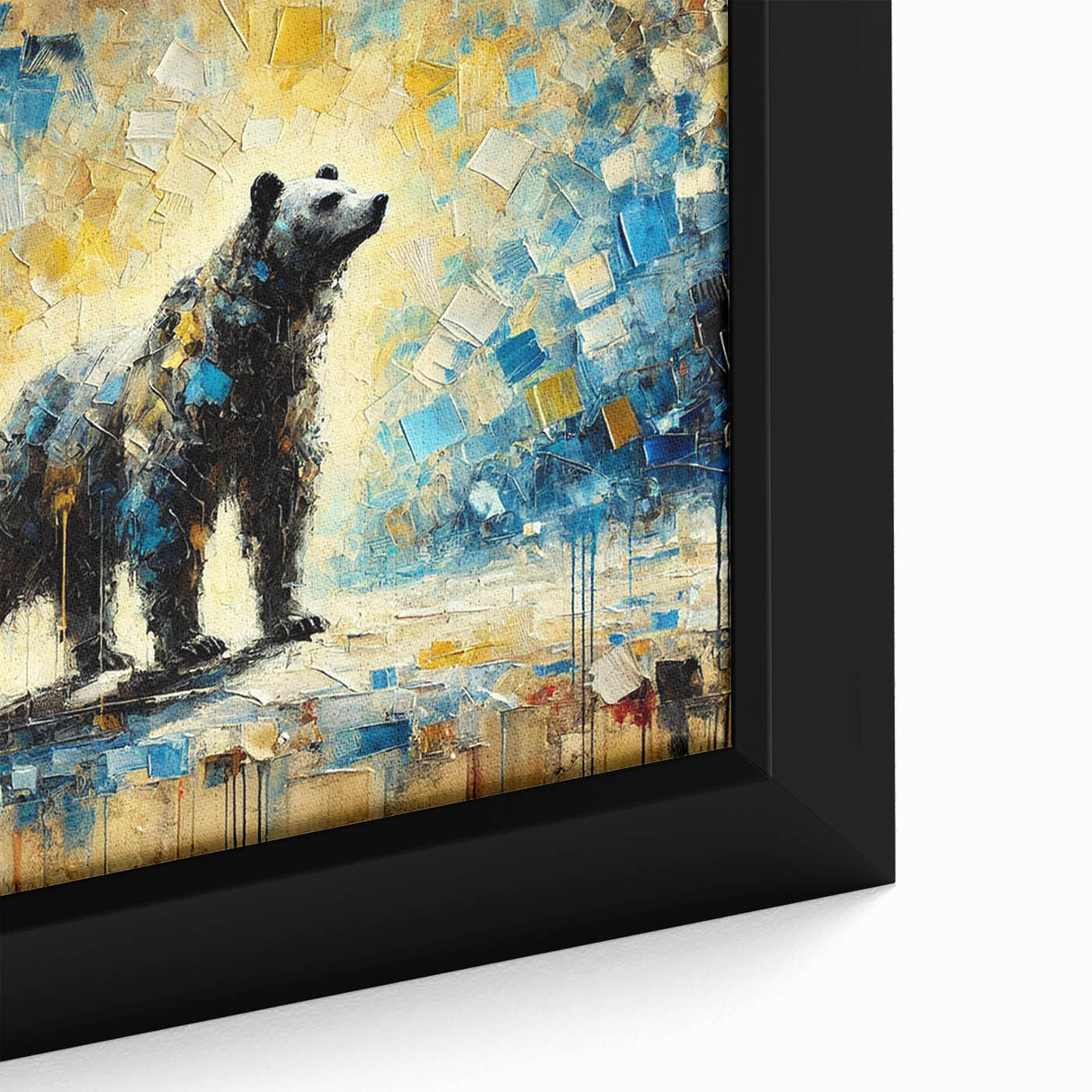 Abstract oil painting of a bear standing tall, showcasing vibrant colors and intricate brushwork on a framed canvas. The artwork's bold design emphasizes the bear's majestic posture, making it a striking focal point for modern decor. Perfect for nature lovers, this piece adds an artistic touch to any space.