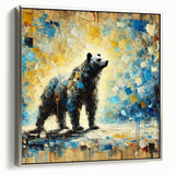Full-body abstract oil painting of a standing bear on a framed canvas, showcasing vibrant colors and intricate brushstrokes, with a silver frame enhancing its elegance.