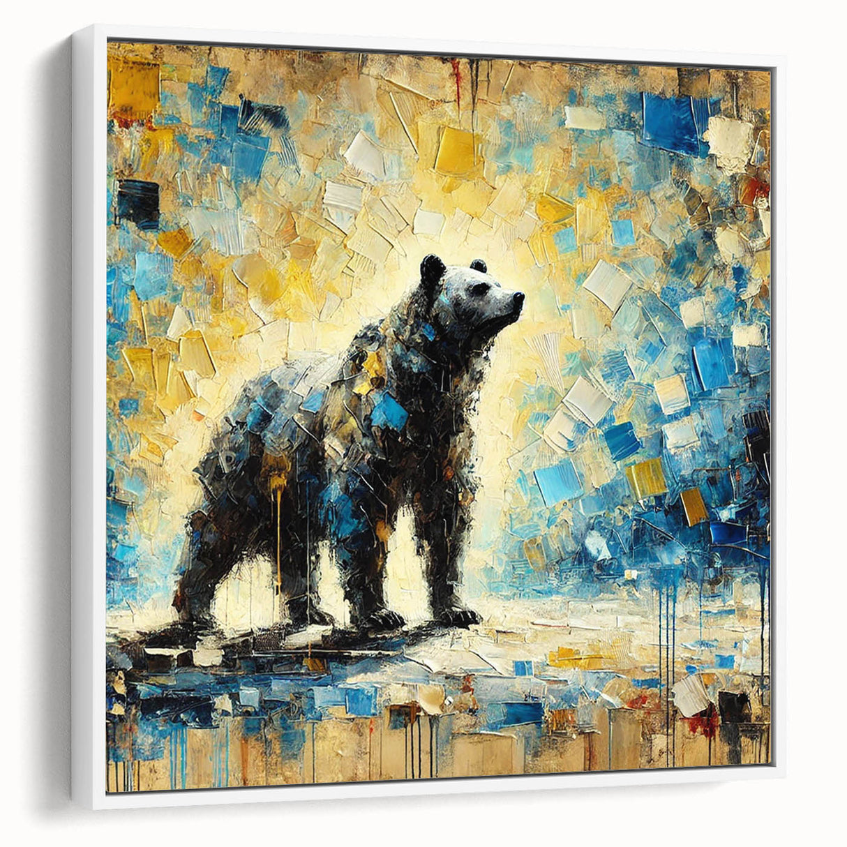 Full-body abstract oil painting of a bear standing on a white-framed canvas, showcasing vibrant colors and dynamic brush strokes, ideal for modern decor.