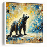 Full-body abstract oil painting of a bear standing on a white-framed canvas, showcasing vibrant colors and dynamic brush strokes, ideal for modern decor.