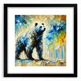 Full-body abstract oil painting of a bear in a black frame with a mat, showcasing vibrant colors and dynamic brush strokes, perfect for animal art enthusiasts.