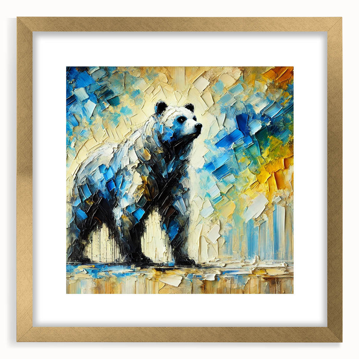 Full-body abstract oil painting of a bear in a gold frame with a mat, showcasing vibrant colors and bold brushstrokes, perfect for modern art lovers.